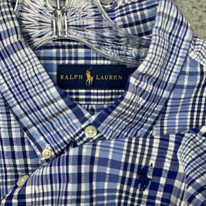 Ralph Lauren Shirt Mens Large Blue Plaid Button Down Seersucker Pony